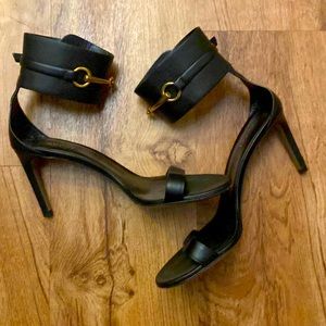 Gucci Lifford Nero Black Leather Horsebit Ankle Strap Heels